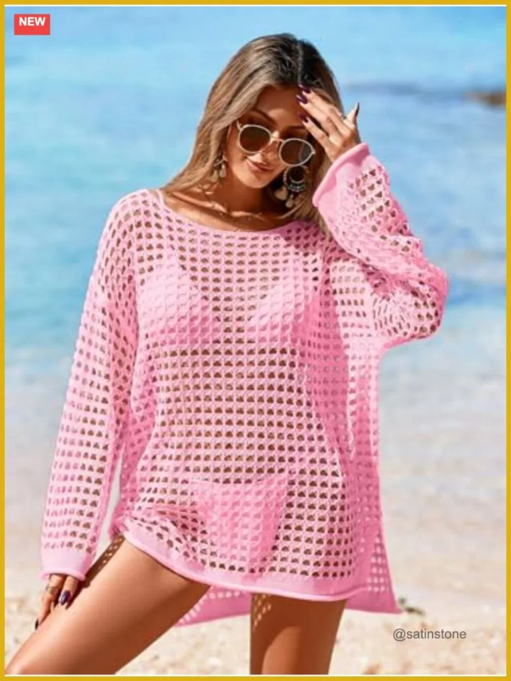 Crochet Mesh Swimsuit Cover Up Oversized Long Sleeve Mini Dress Beach Bathing